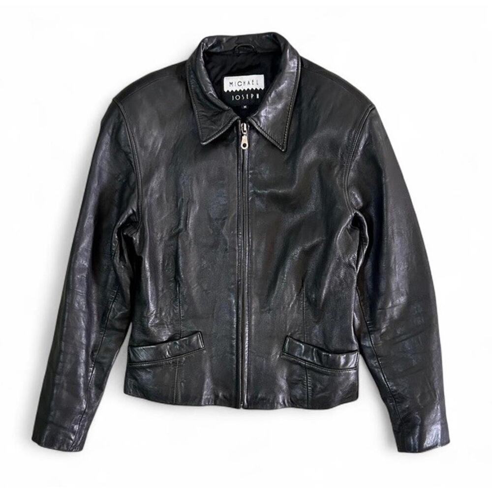 Vintage Michael Joseph Women’s Genuine Leather Black Bomber Zip Jacket Size M - Picture 2 of 8